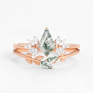 Amayah Fairy Ring Moss Agate Leafy Forest Elves Engagement Ring Set 2pcs