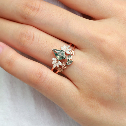 Amayah Fairy Ring Moss Agate Leafy Forest Elves Engagement Ring Set 2pcs