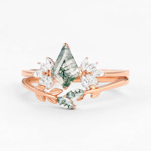 Amayah Fairy Ring Moss Agate Leafy Forest Elves Engagement Ring Set 2pcs