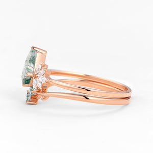 Amayah Fairy Ring Moss Agate Leafy Forest Elves Engagement Ring Set 2pcs