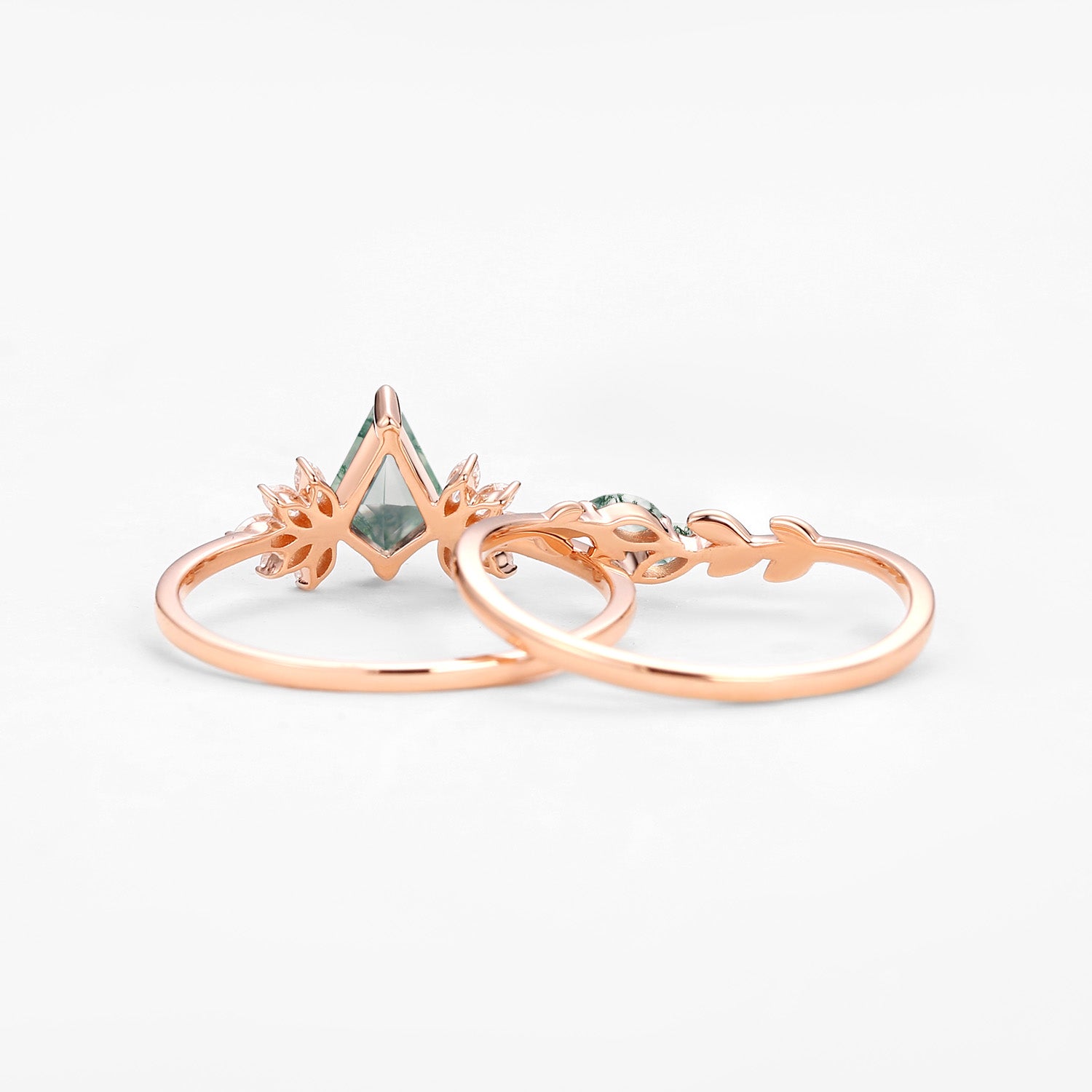 Amayah Fairy Ring Moss Agate Leafy Forest Elves Engagement Ring Set 2pcs