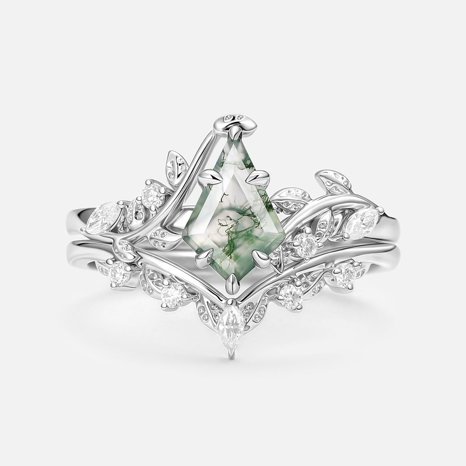 Vine Kite Cut Moss Agate Leafy Engagement Ring Sets 2pcs