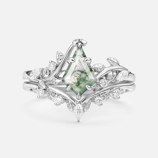 Vine Kite Cut Moss Agate Leafy Engagement Ring Sets 2pcs