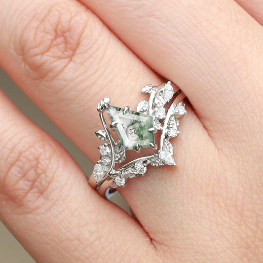 Vine Kite Cut Moss Agate Leafy Engagement Ring Sets 2pcs