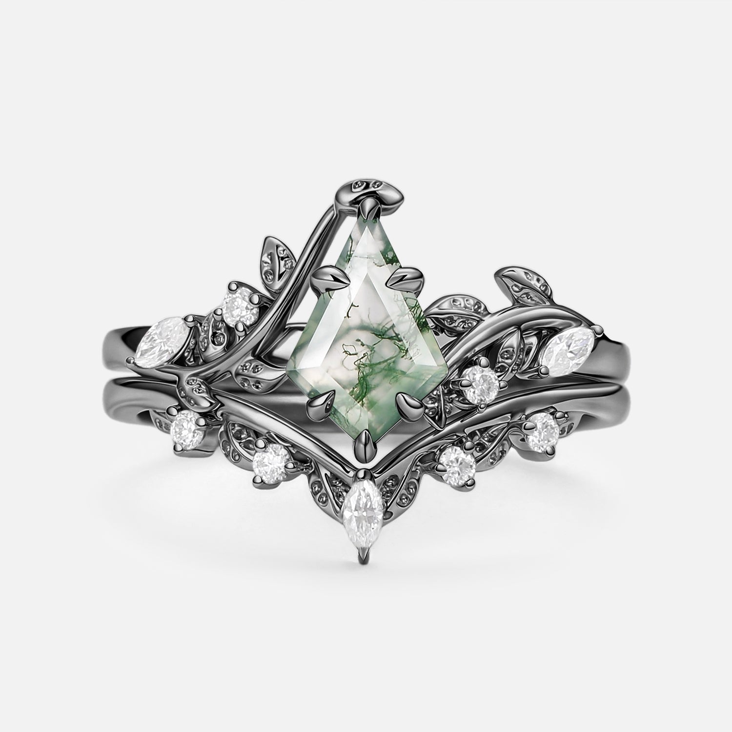 Vine Kite Cut Moss Agate Leafy Engagement Ring Sets 2pcs