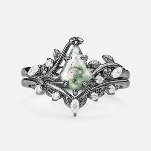 Vine Kite Cut Moss Agate Leafy Engagement Ring Sets 2pcs