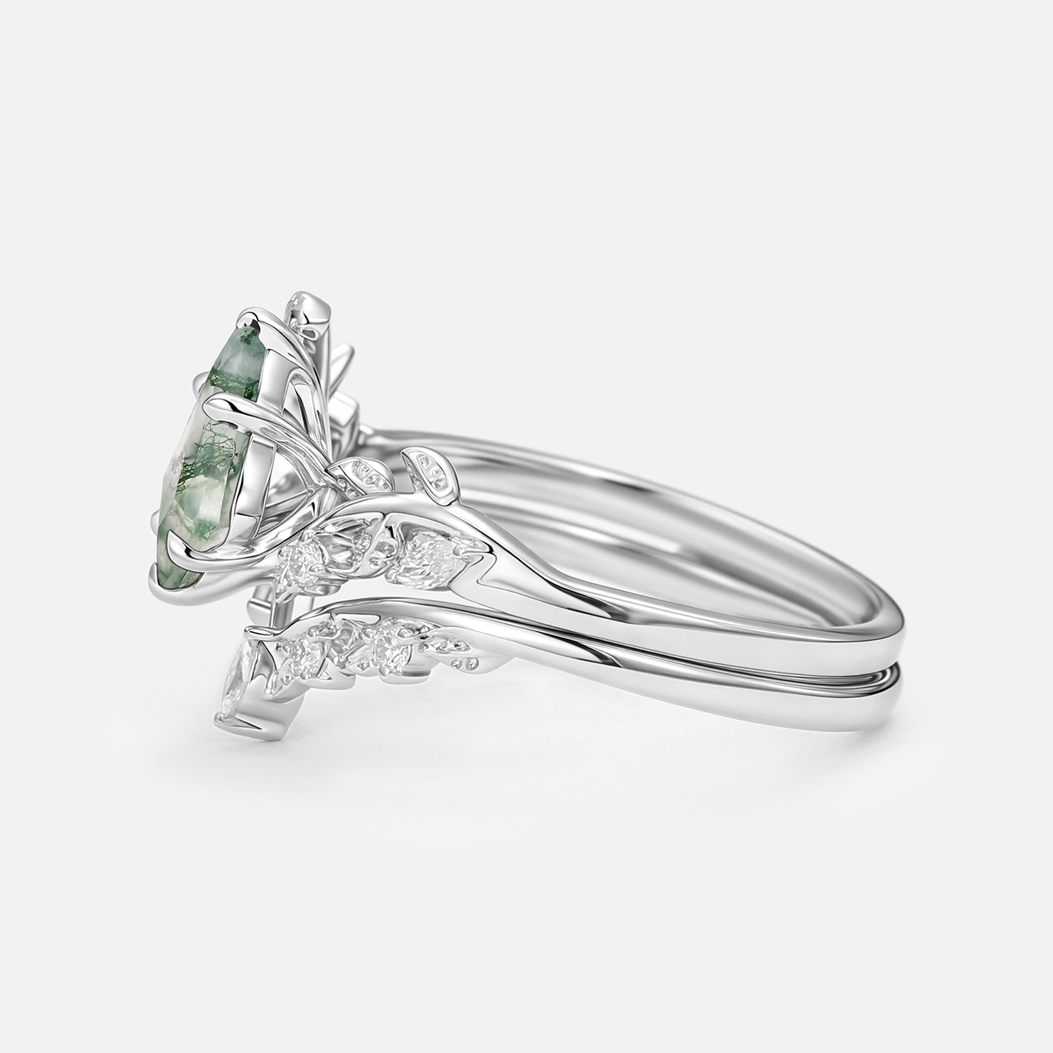 Vine Kite Cut Moss Agate Leafy Engagement Ring Sets 2pcs