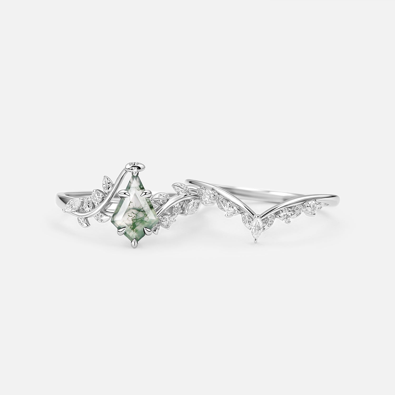 Vine Kite Cut Moss Agate Leafy Engagement Ring Sets 2pcs