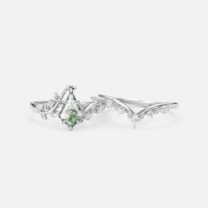 Vine Kite Cut Moss Agate Leafy Engagement Ring Sets 2pcs