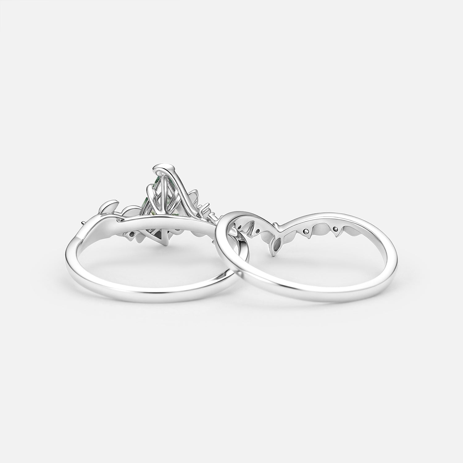 Vine Kite Cut Moss Agate Leafy Engagement Ring Sets 2pcs