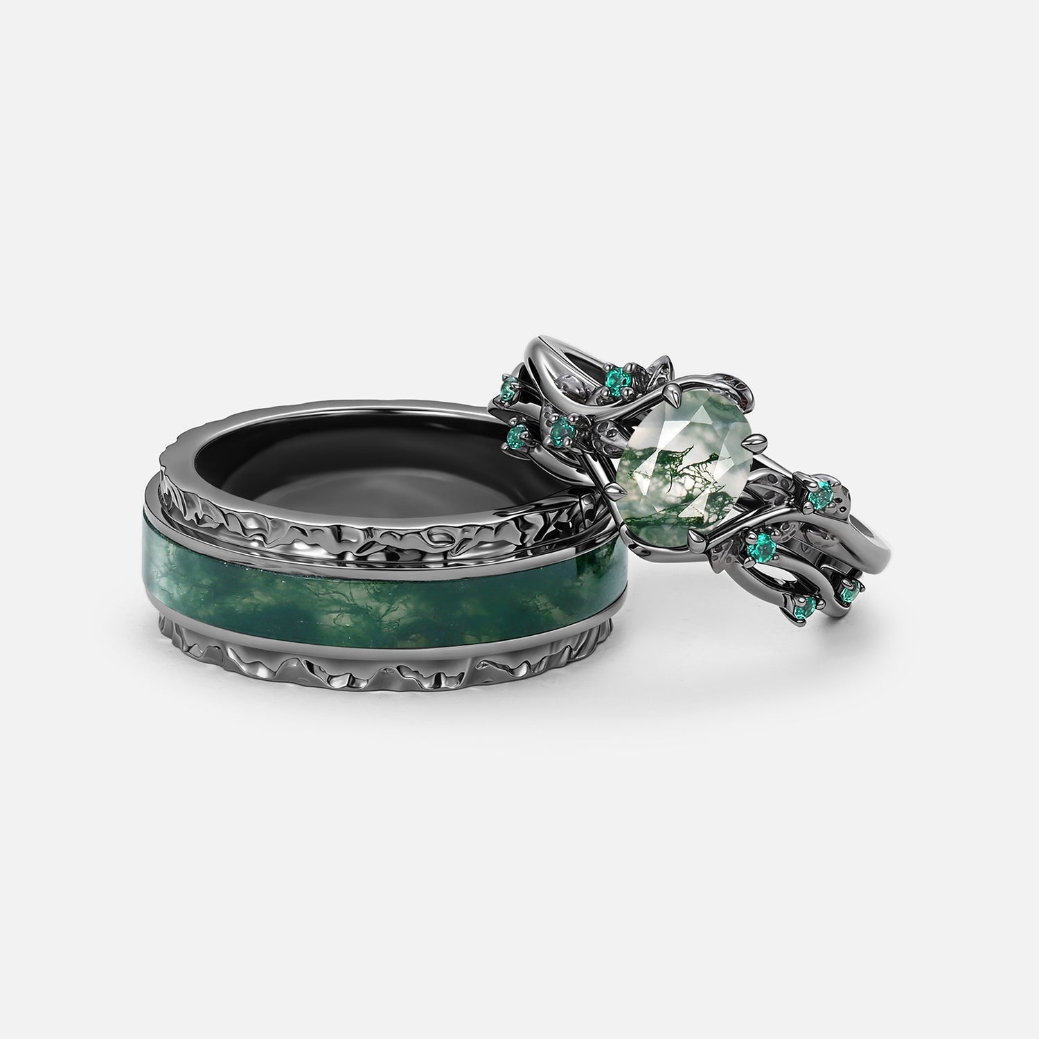 Mossy Nature Inspired Black Gold Oval Moss Agate Leafy Couple Ring Set 3pcs