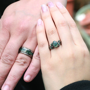 Mossy Nature Inspired Black Gold Oval Moss Agate Leafy Couple Ring Set 3pcs