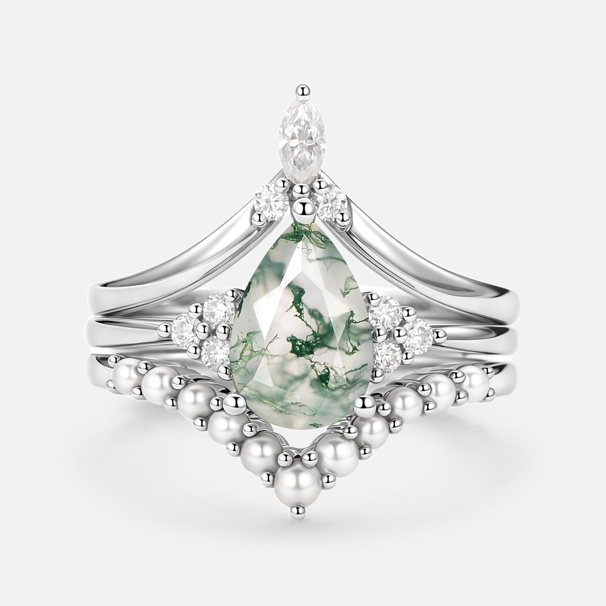 Vintage Pear Shaped Moss Agate Engagement Ring Set 3pcs