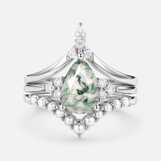 Vintage Pear Shaped Moss Agate Engagement Ring Set 3pcs