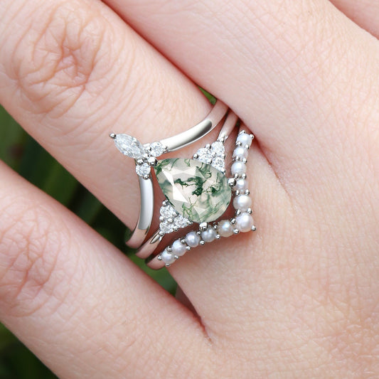 Vintage Pear Shaped Moss Agate Engagement Ring Set 3pcs