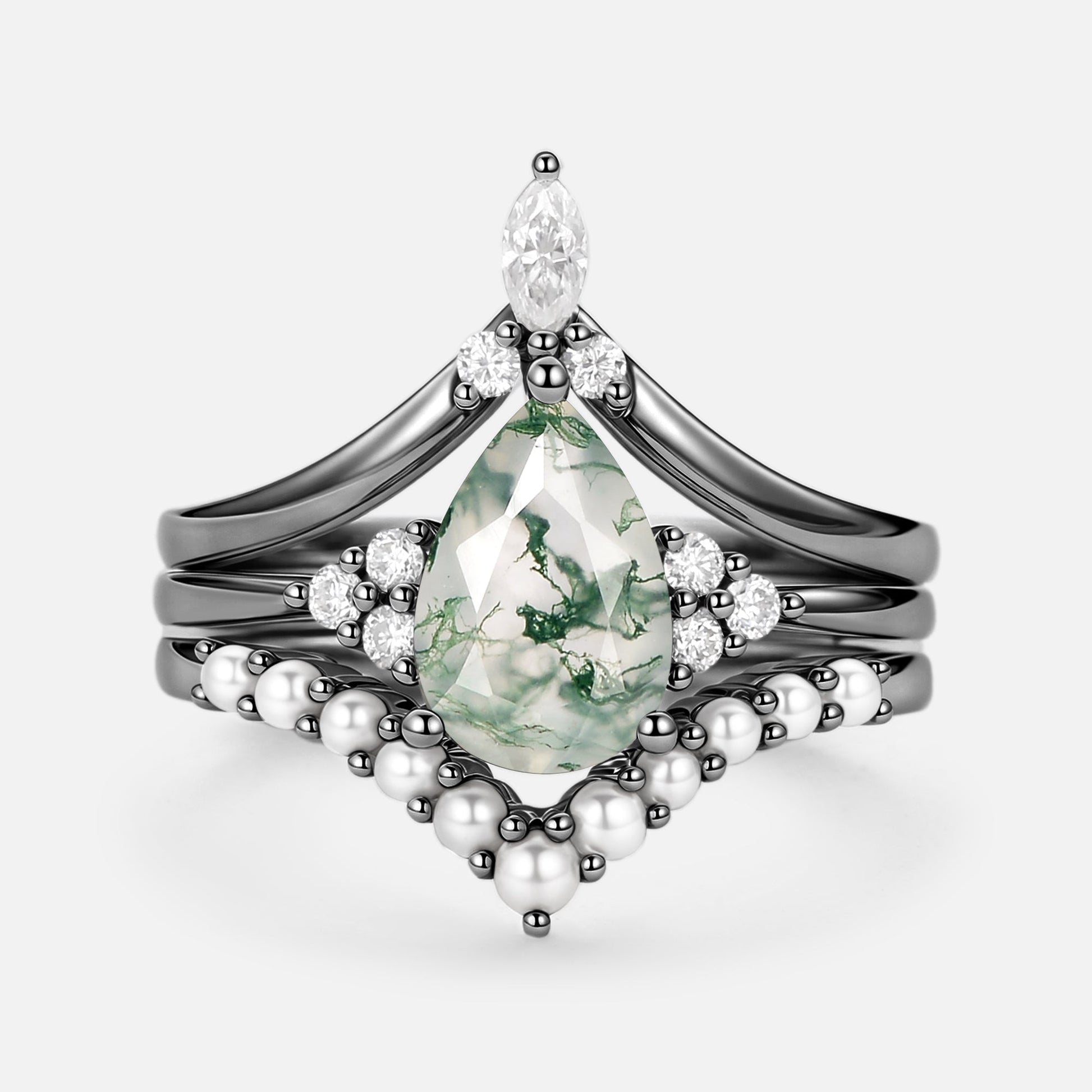 Vintage Pear Shaped Moss Agate Engagement Ring Set 3pcs