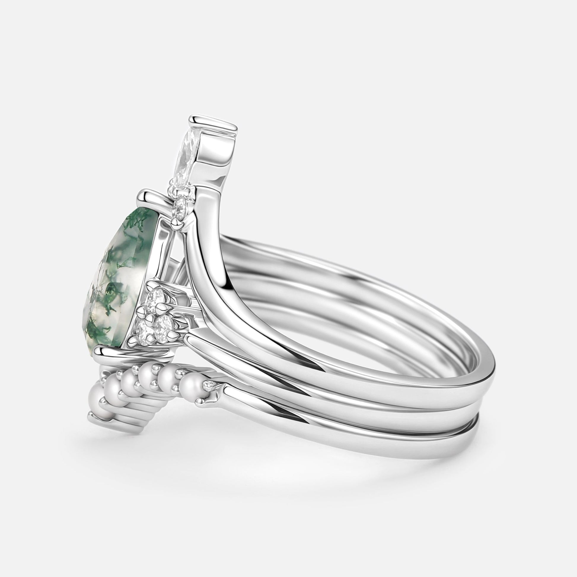 Vintage Pear Shaped Moss Agate Engagement Ring Set 3pcs