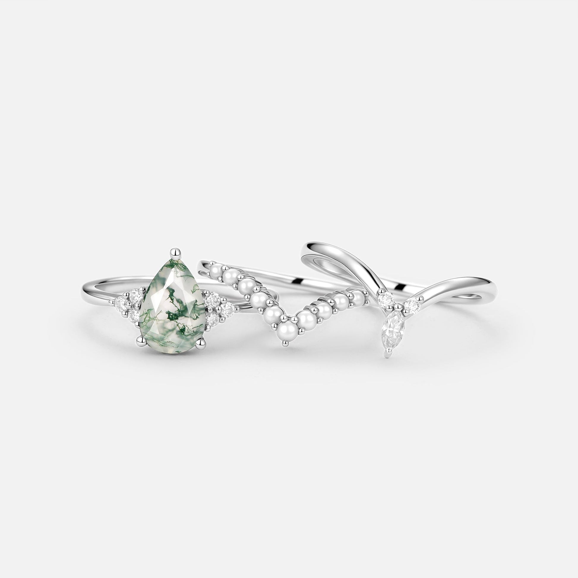 Vintage Pear Shaped Moss Agate Engagement Ring Set 3pcs