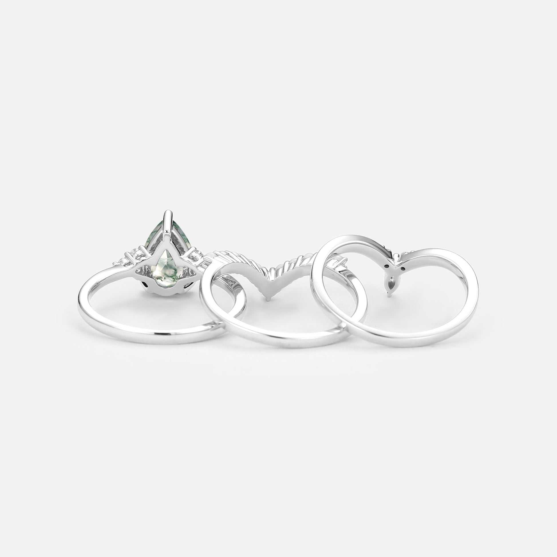 Vintage Pear Shaped Moss Agate Engagement Ring Set 3pcs