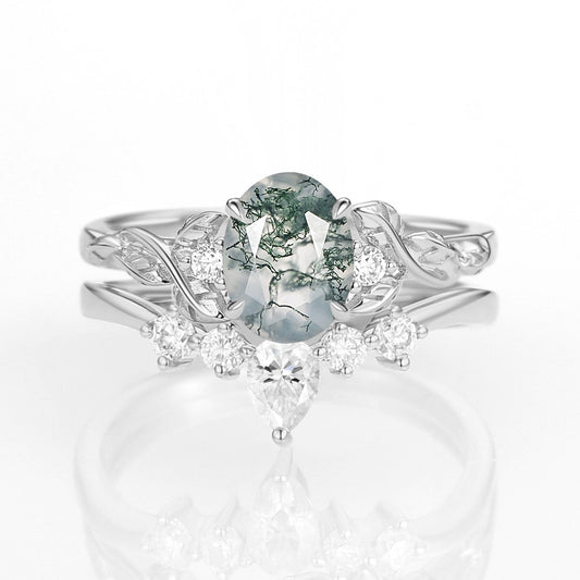Oval Shaped White Gold Moss Agate Leafy Ring Set 2pcs