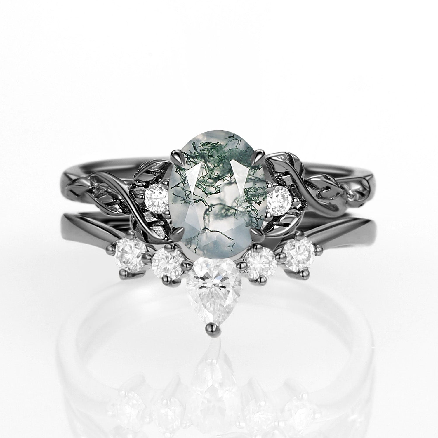 Oval Shaped White Gold Moss Agate Leafy Ring Set 2pcs