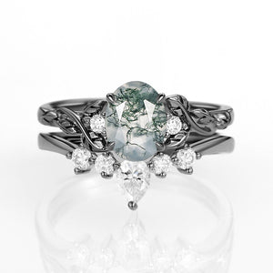 Oval Shaped White Gold Moss Agate Leafy Ring Set 2pcs