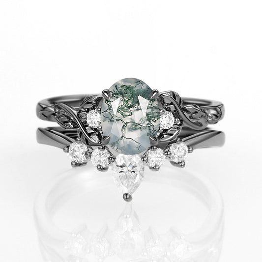 Oval Shaped White Gold Moss Agate Leafy Ring Set 2pcs