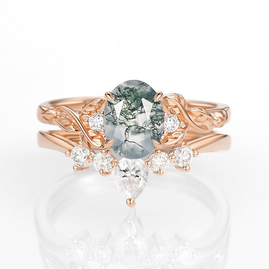 Oval Shaped White Gold Moss Agate Leafy Ring Set 2pcs