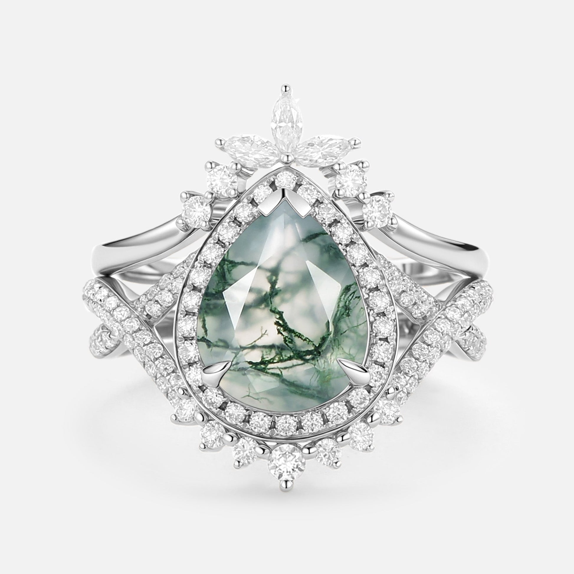 Pear Shaped Moss Agate Antique Halo Infinity Ring Sets 2pcs - Everlyn