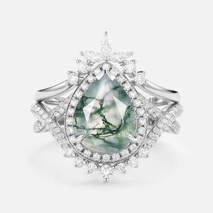 Pear Shaped Moss Agate Antique Halo Infinity Ring Sets 2pcs - Everlyn