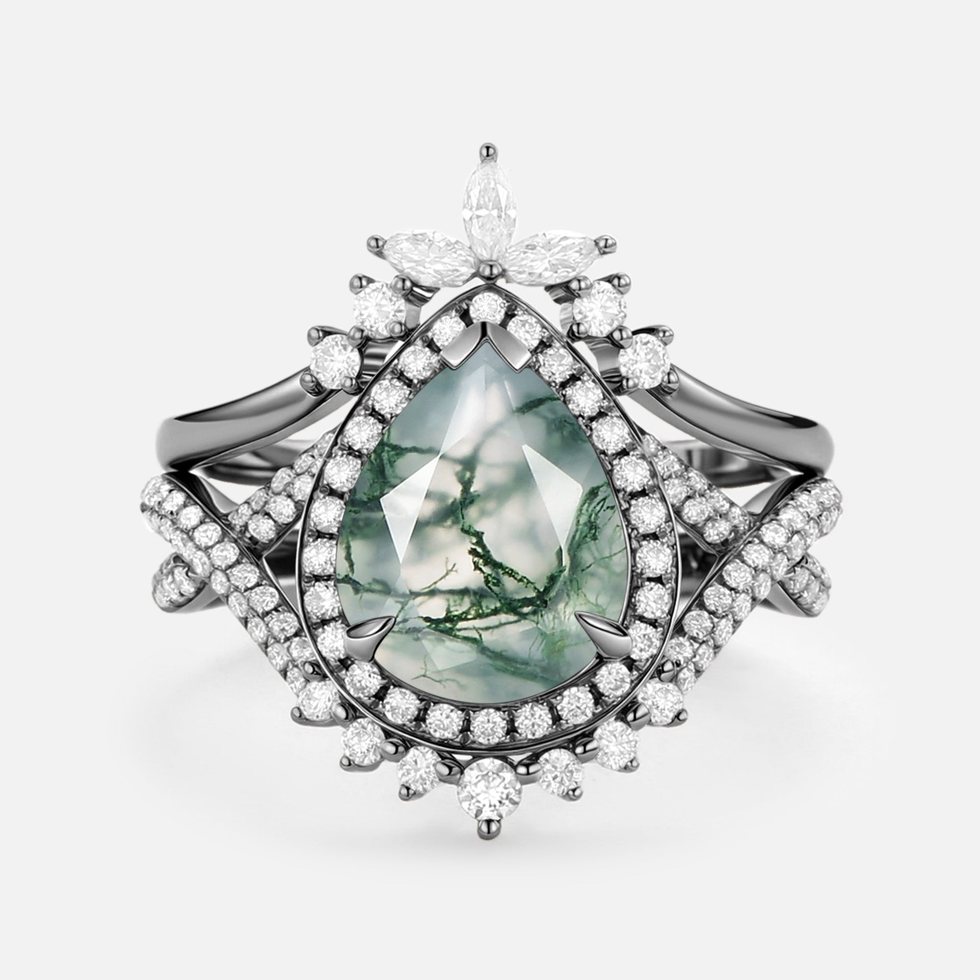 Pear Shaped Moss Agate Antique Halo Infinity Ring Sets 2pcs - Everlyn