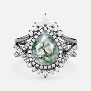Pear Shaped Moss Agate Antique Halo Infinity Ring Sets 2pcs - Everlyn