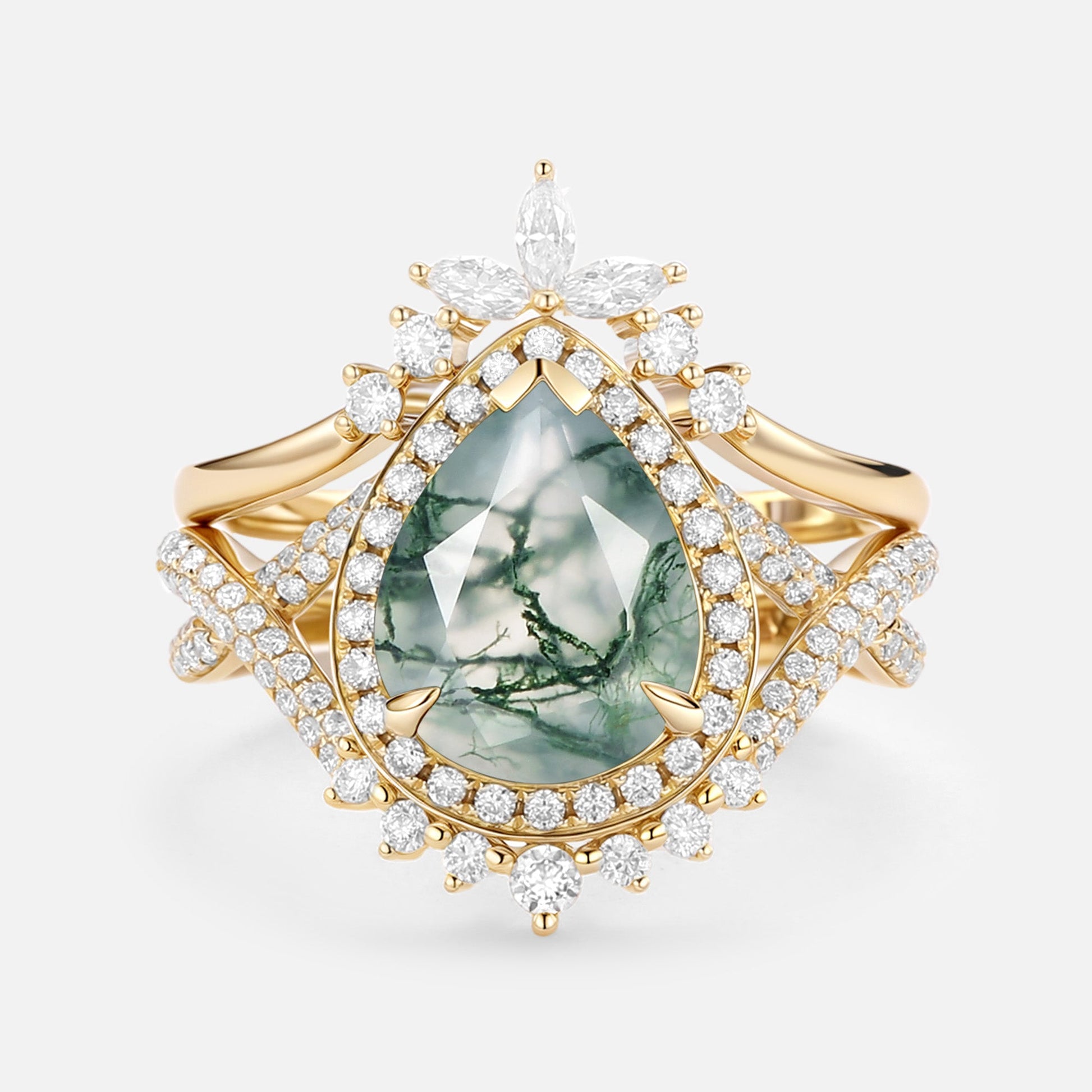 Pear Shaped Moss Agate Antique Halo Infinity Ring Sets 2pcs - Everlyn