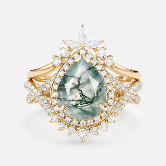 Pear Shaped Moss Agate Antique Halo Infinity Ring Sets 2pcs - Everlyn