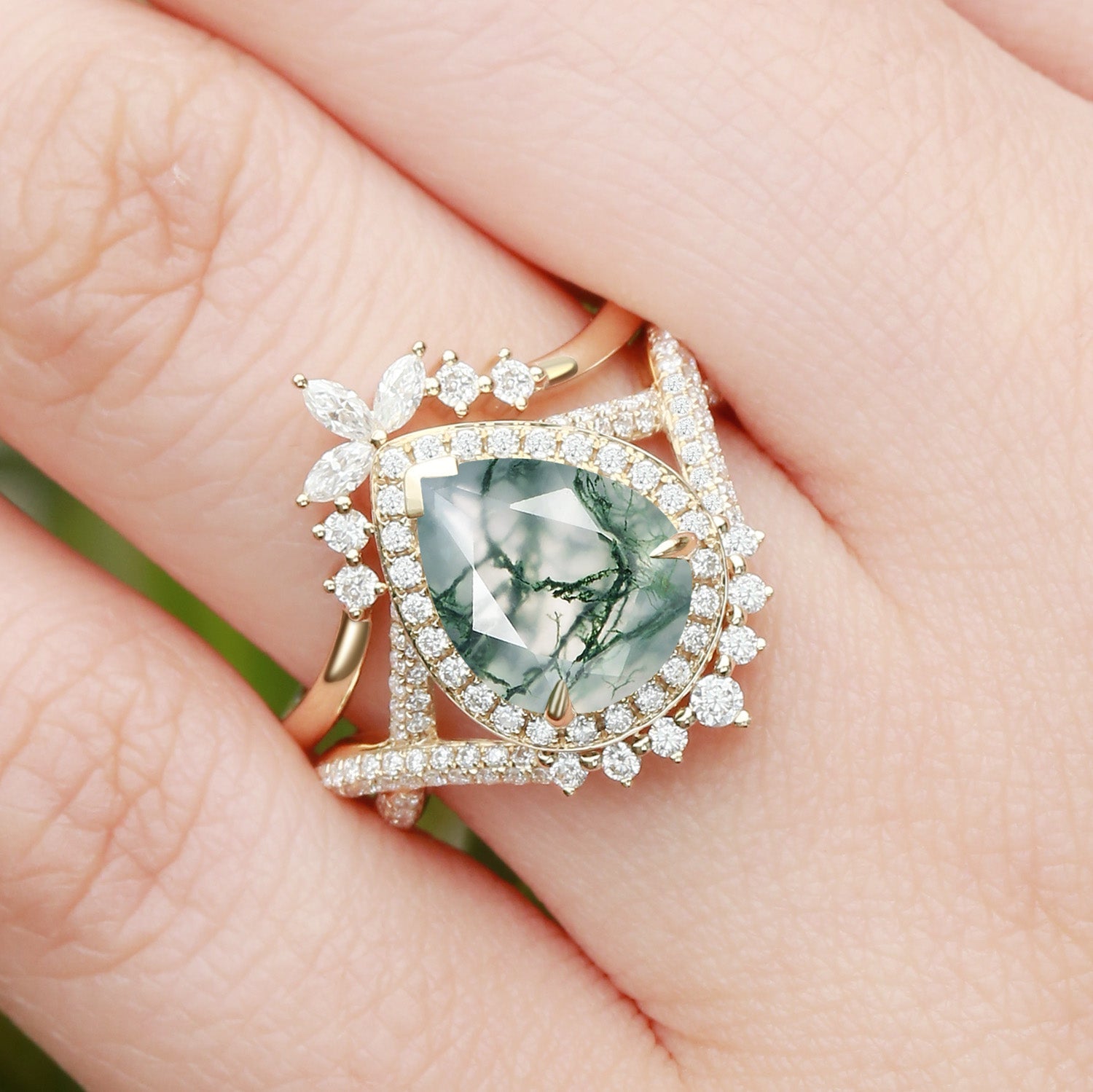 Pear Shaped Moss Agate Antique Halo Infinity Ring Sets 2pcs - Everlyn