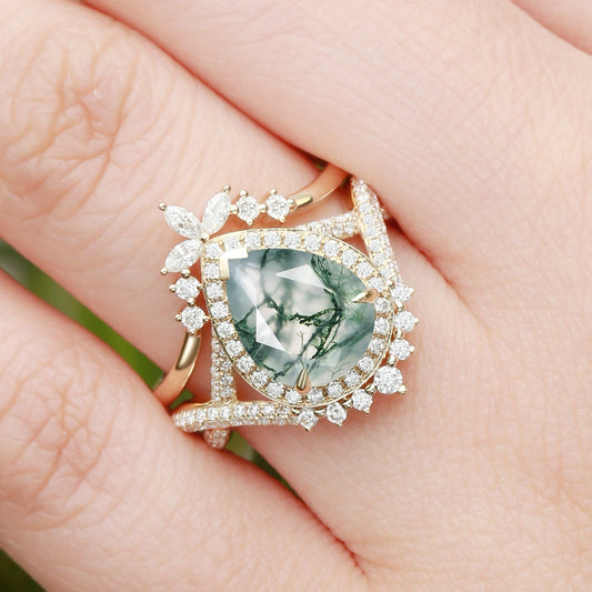 Everlyn Pear Shaped Moss Agate Antique Halo Infinity Ring Sets 2pcs
