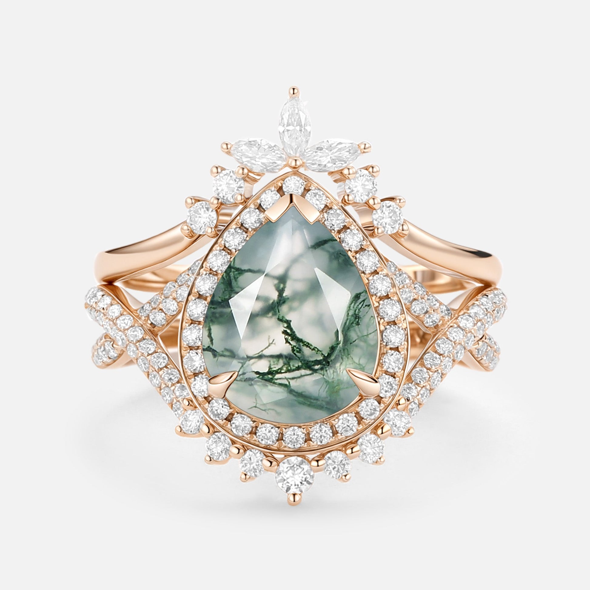 Pear Shaped Moss Agate Antique Halo Infinity Ring Sets 2pcs - Everlyn