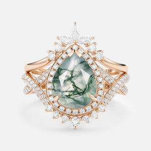 Pear Shaped Moss Agate Antique Halo Infinity Ring Sets 2pcs - Everlyn