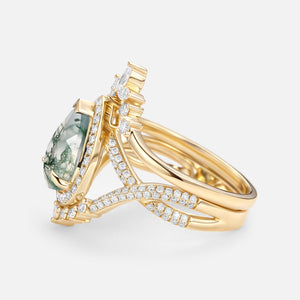 Pear Shaped Moss Agate Antique Halo Infinity Ring Sets 2pcs - Everlyn