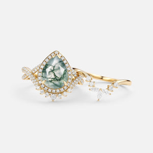 Pear Shaped Moss Agate Antique Halo Infinity Ring Sets 2pcs - Everlyn