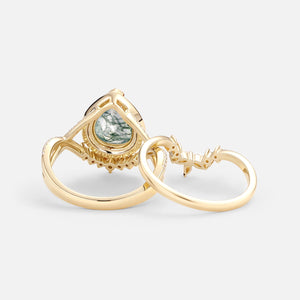 Pear Shaped Moss Agate Antique Halo Infinity Ring Sets 2pcs - Everlyn