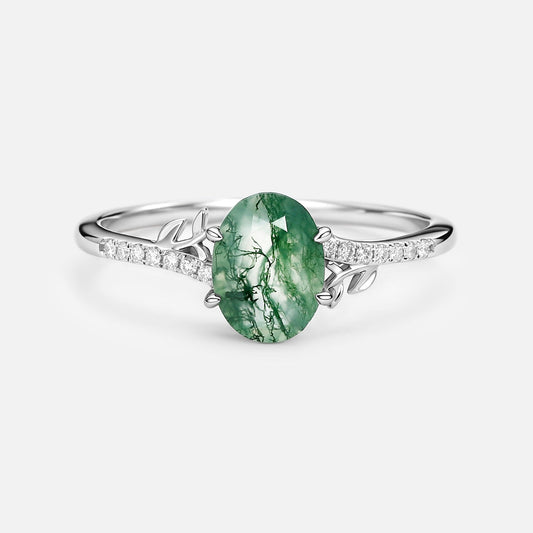 3.5ct Moss Agate Oval Shaped Leafy Engagement Ring
