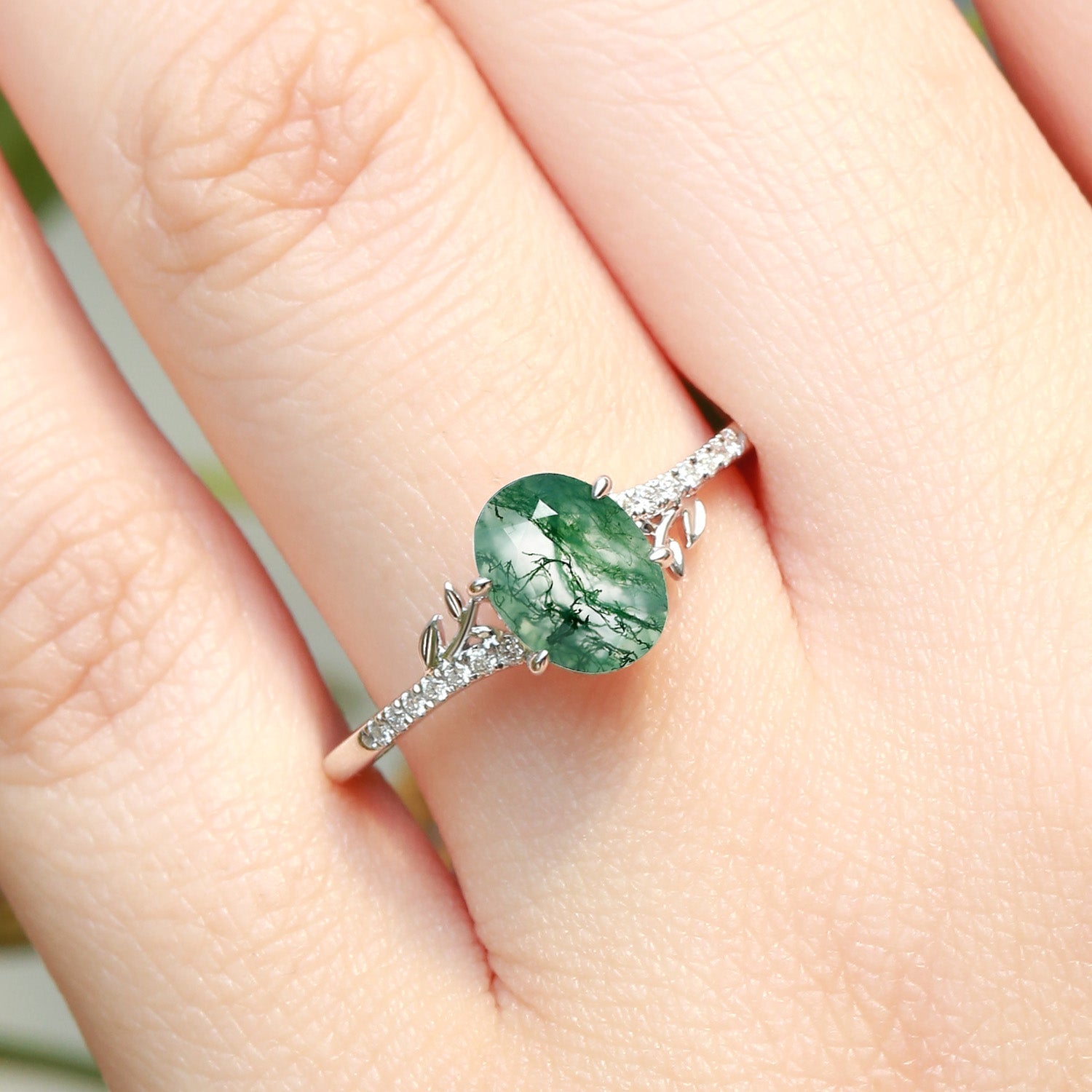 3.5ct Moss Agate Oval Shaped Leafy Engagement Ring