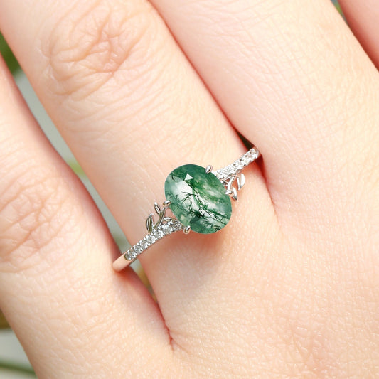 3.5ct Moss Agate Oval Shaped Leafy Engagement Ring