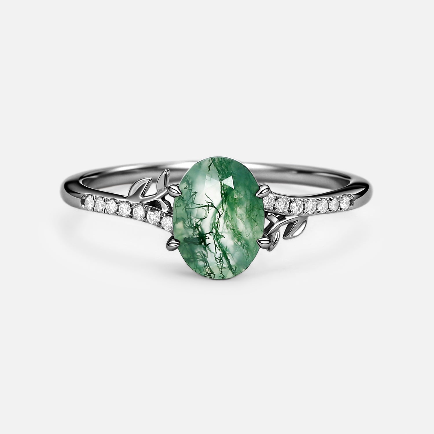 3.5ct Moss Agate Oval Shaped Leafy Engagement Ring