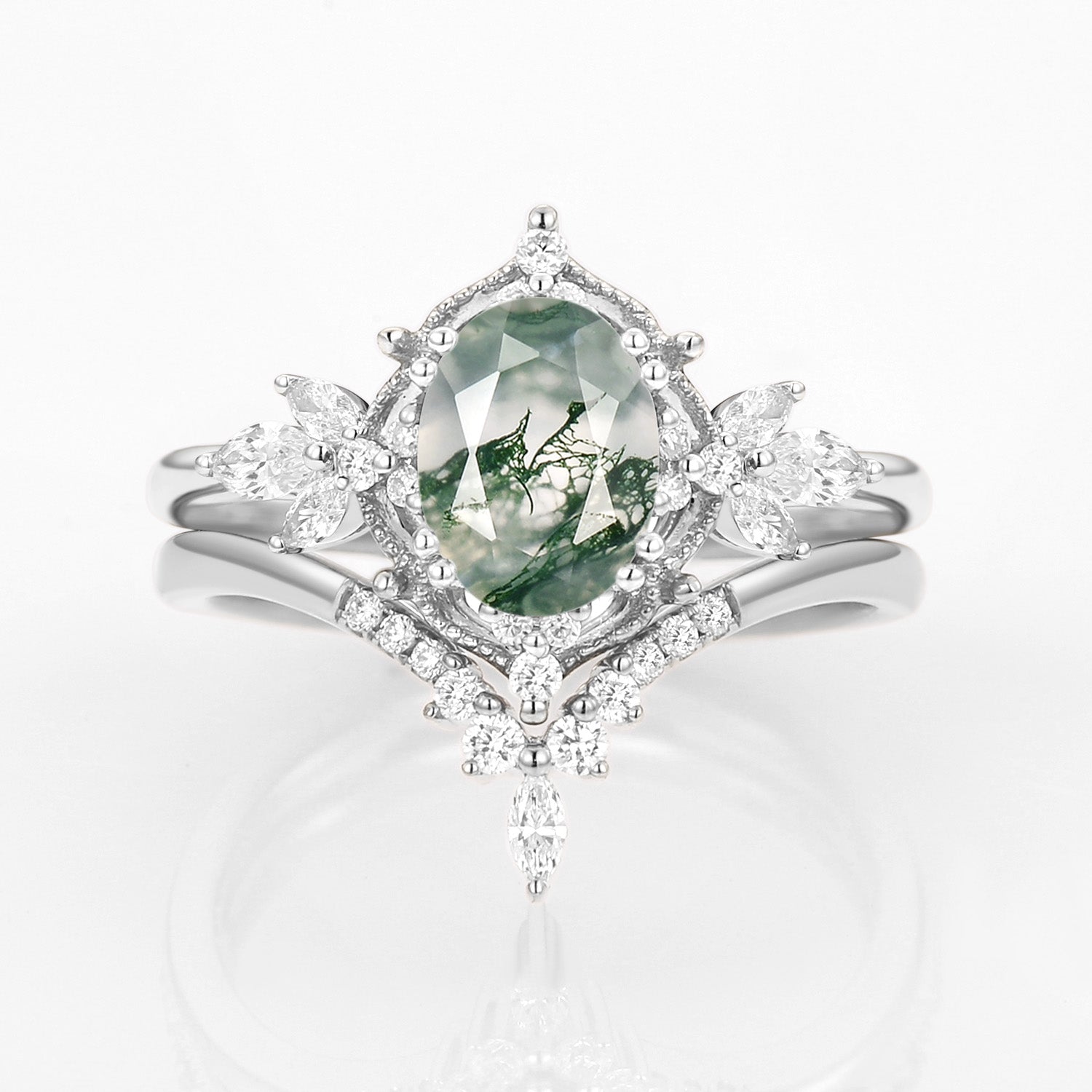 Vintage Signature Moss Agate Fairy Inspired Ring Set 2pcs