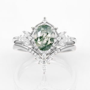 Vintage Signature Moss Agate Fairy Inspired Ring Set 2pcs