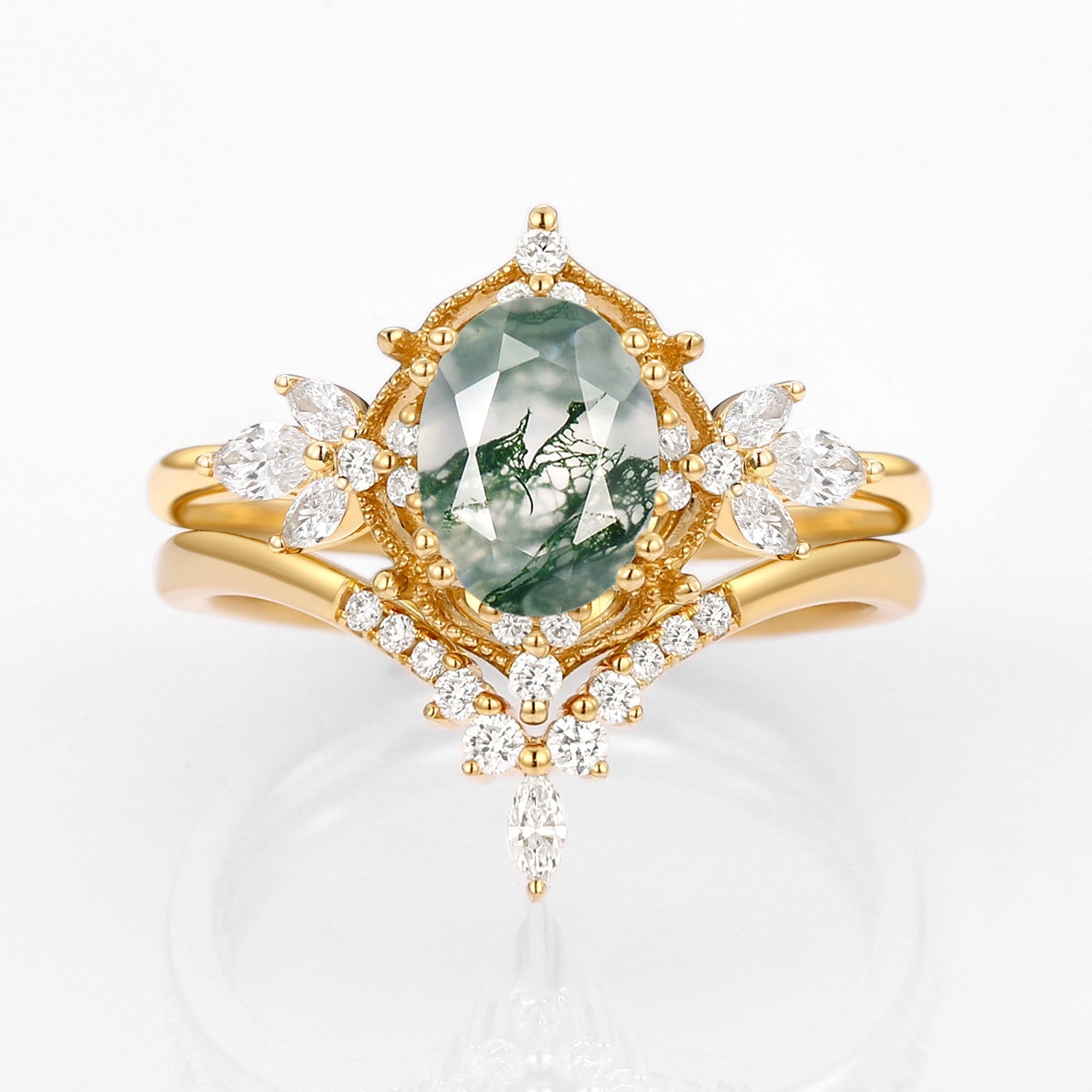 Vintage Signature Moss Agate Fairy Inspired Ring Set 2pcs