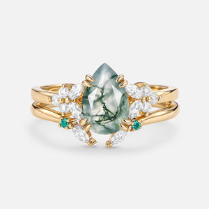 Anya Cluster Pear Shaped Moss Agate Chevron Gold Ring Set 2pcs