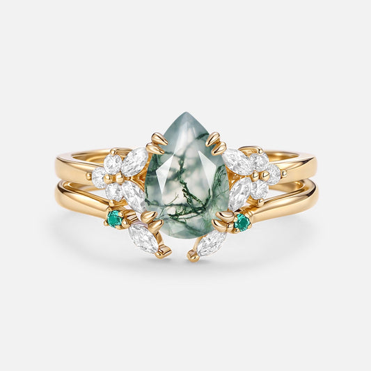 Cluster Pear Shaped Moss Agate Chevron Gold Ring Set 2pcs - Anya